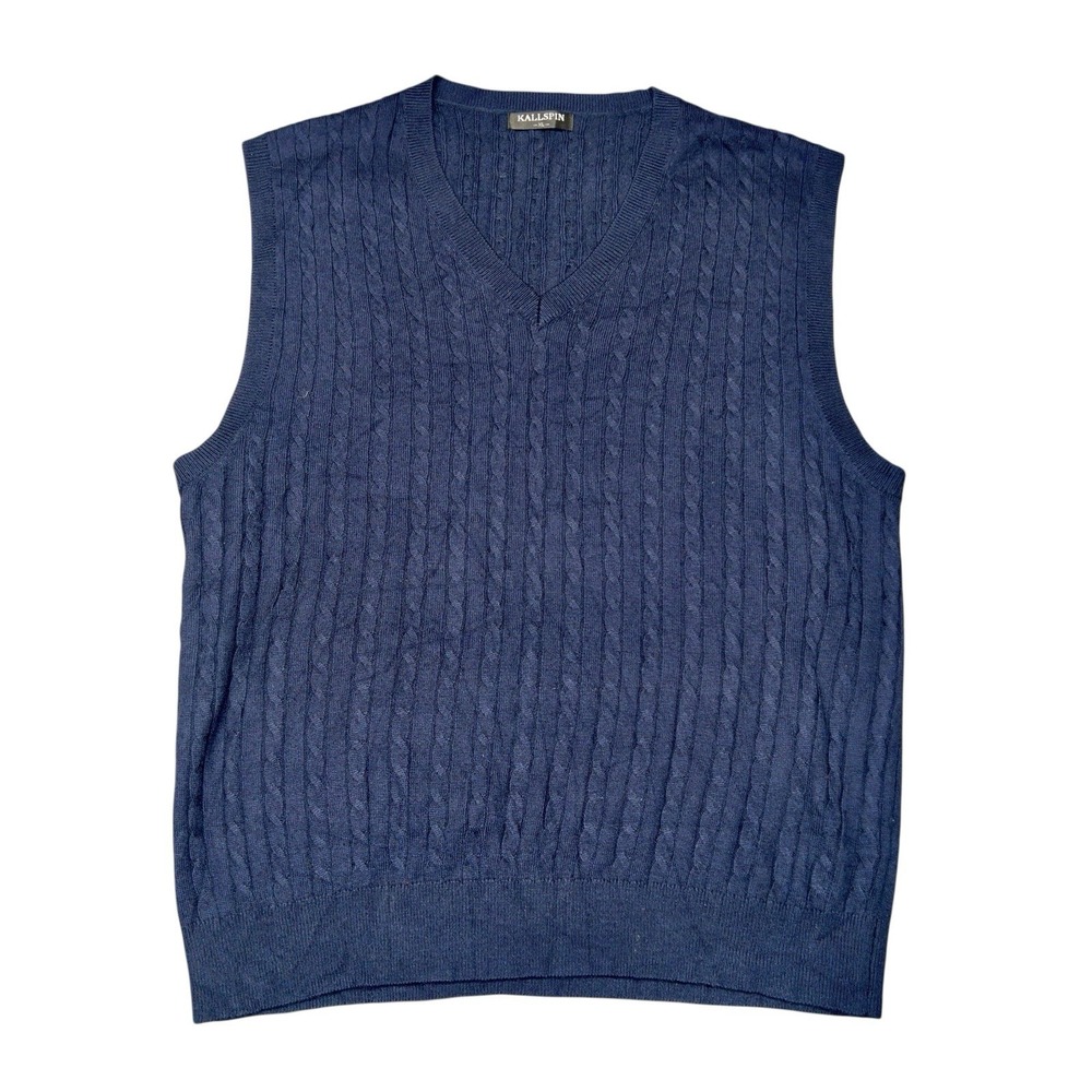 Kallspin Cable Knit Sweater‎ Vest Size XL Blue Wool Blend Soft Office Preppy